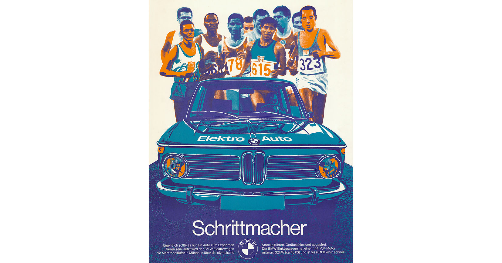 1972 - BMW Advertisement poster - Schrittmacher - BMW 1602 with electric drive at the Olympic Games 1972