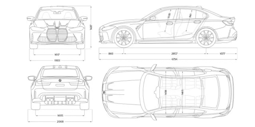 Technický nákres BMW M3 Sedan